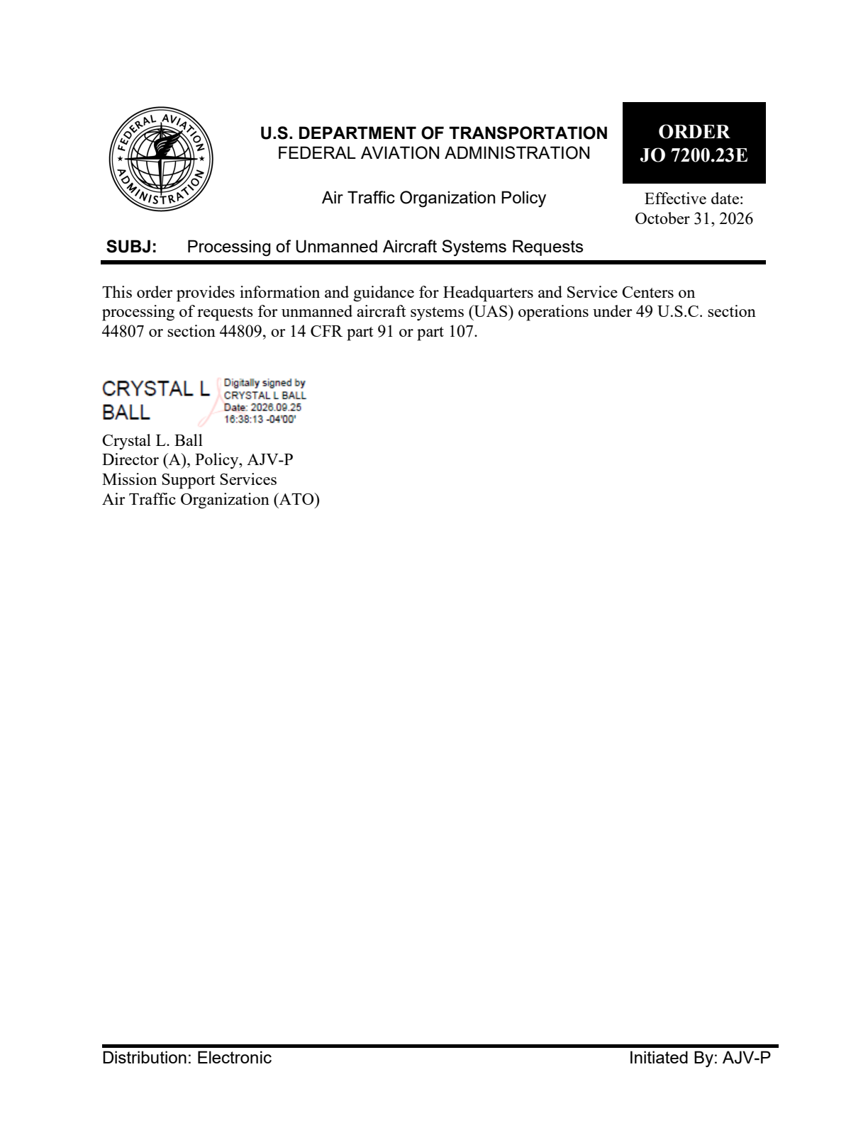 Full page 1 of FAA Order JO 7200.23E, including the effective date, subject, and Crystal L. Ball signature block