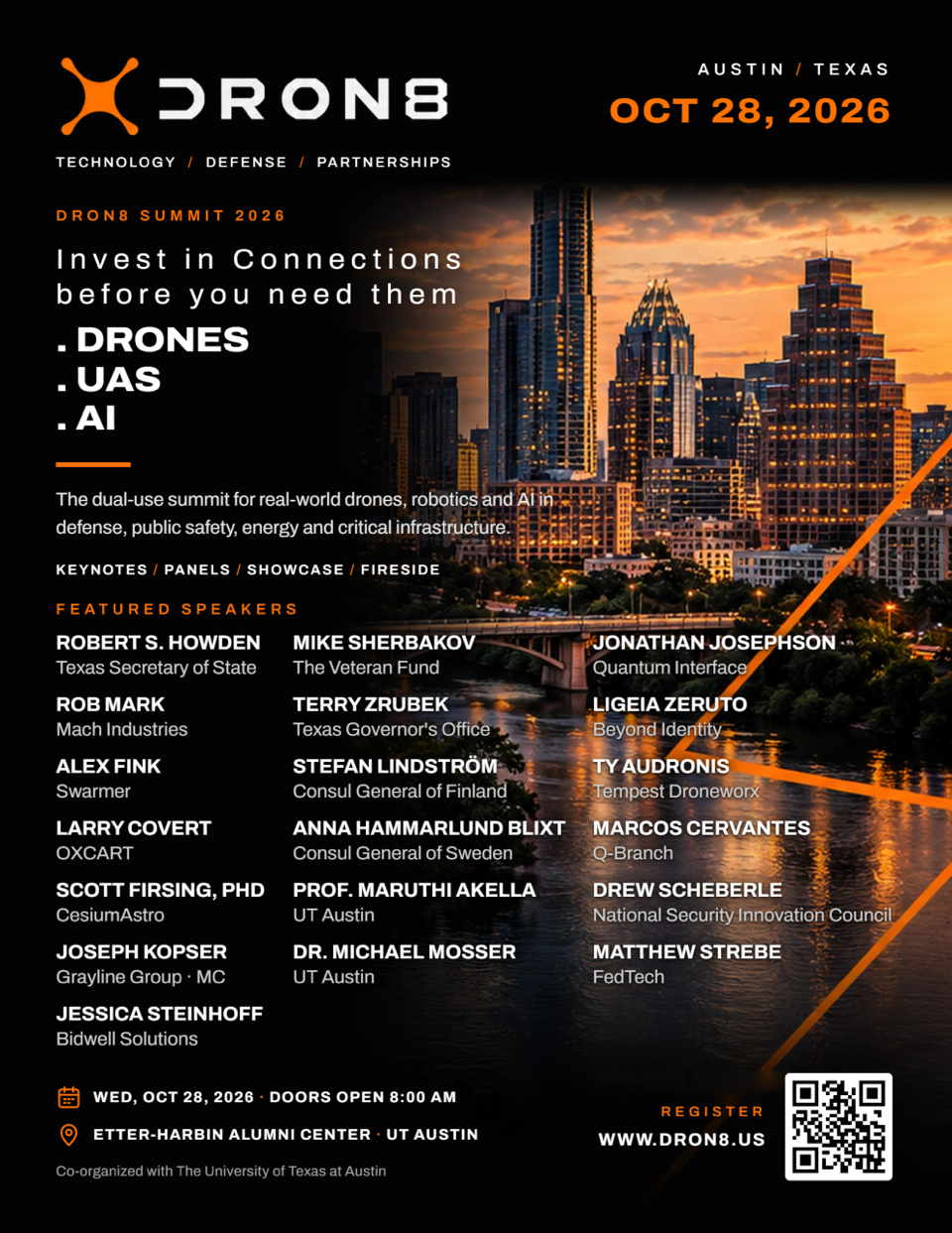 DRON8 Summit 2026 poster for the Oct. 28 event at UT Austin's Etter-Harbin Alumni Center