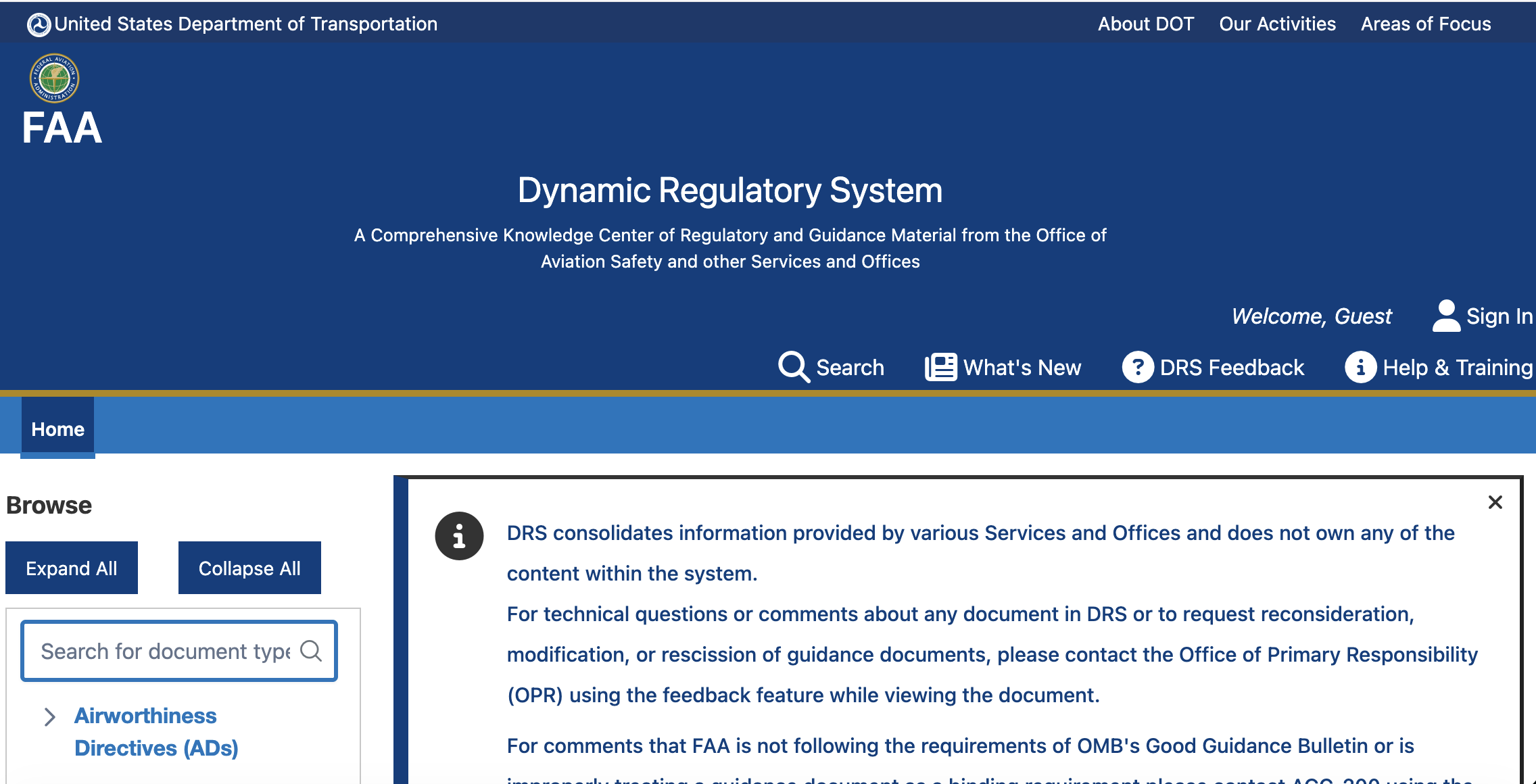 FAA Dynamic Regulatory System homepage screenshot supplied with Patrick Egan’s article package
